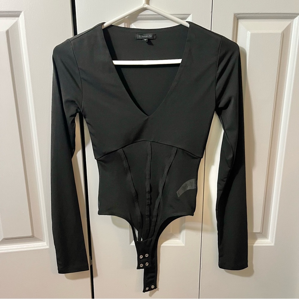 Dynamite Black V Neck Long Sleeve Sheer Mesh Panel Thong Bodysuit NWOT